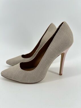 Izabella Rue Tanish Gray linen pointed toe with a pink 5" Heels Women's Sz 8.5